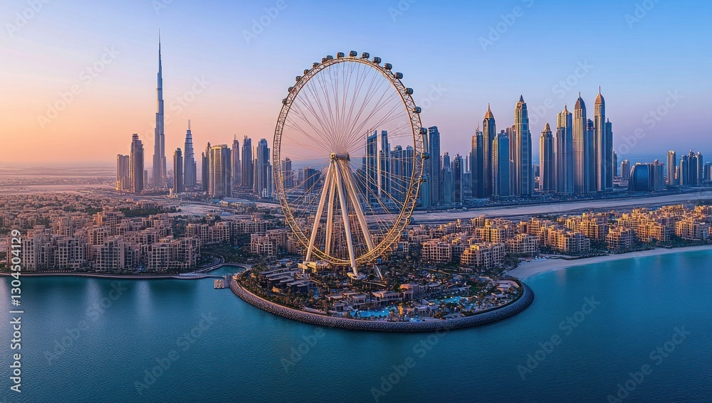 Fototapeta premium Panoramic sunrise view of Dubai's Ain Dubai Ferris wheel and skyline.