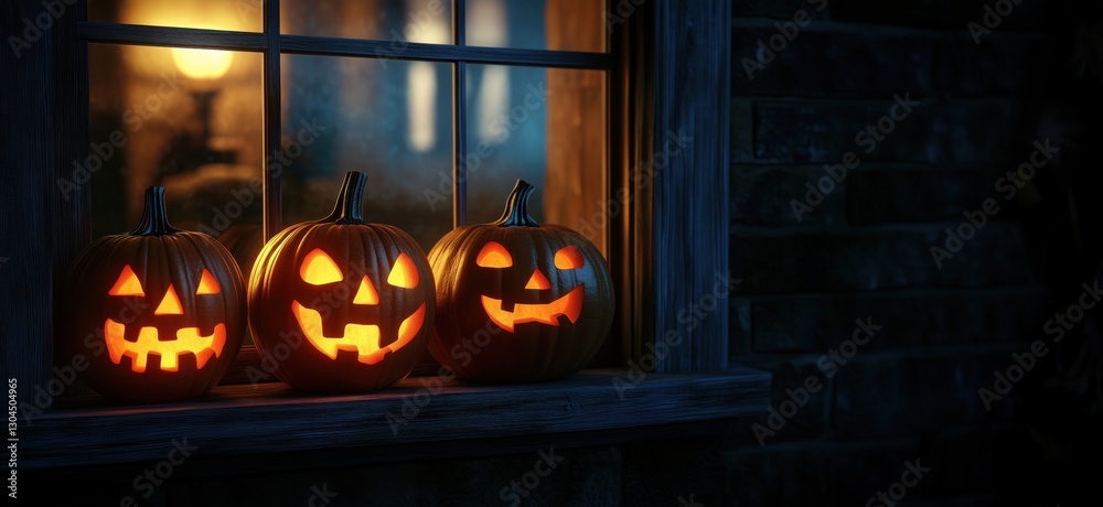 Obraz premium Halloween pumpkins glowing in window with spooky faces and warm ambiance