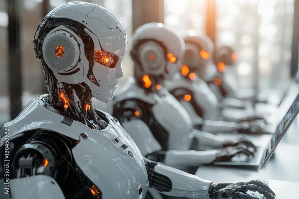 Fototapeta premium Robots working collaboratively on computers in a futuristic office environment