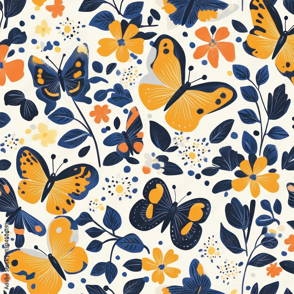 Seamless pattern of orange and blue butterflies and flowers on a cream background. Seamless pattern of orange and blue butterflies and flowers on a cream background.