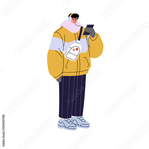 Happy girl with earmuffs holds phone outdoors. Young woman in mittens wearing cute outerwear, scarf in winter. Person in warm clothes with smartphone. Flat isolated vector illustration on white