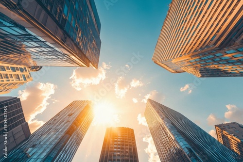 The city center features skyscrapers with a bright vivid sun glare and burned color effect that represents a hot weather concept