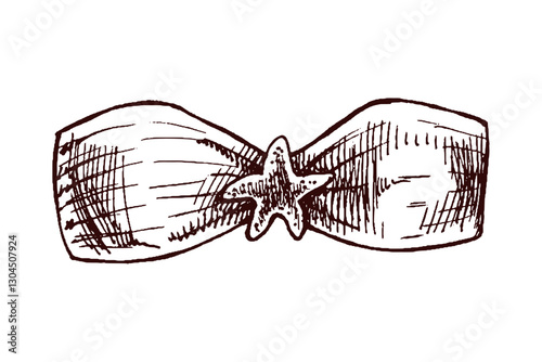 Hand drawn sketch of bandeau bikini top with starfish detail in monochrome vintage style