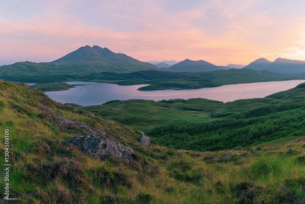 Fototapeta premium Panoramic sunset view of serene loch and mountains.