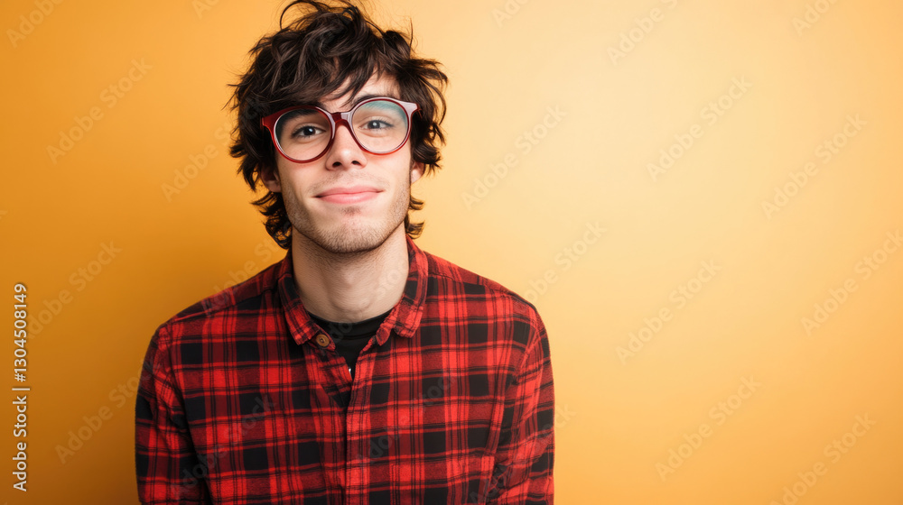 Portrait of a nerdy young man, thick oversized glasses, messy hair Portrait of a nerdy young man, thick oversized glasses, messy hair