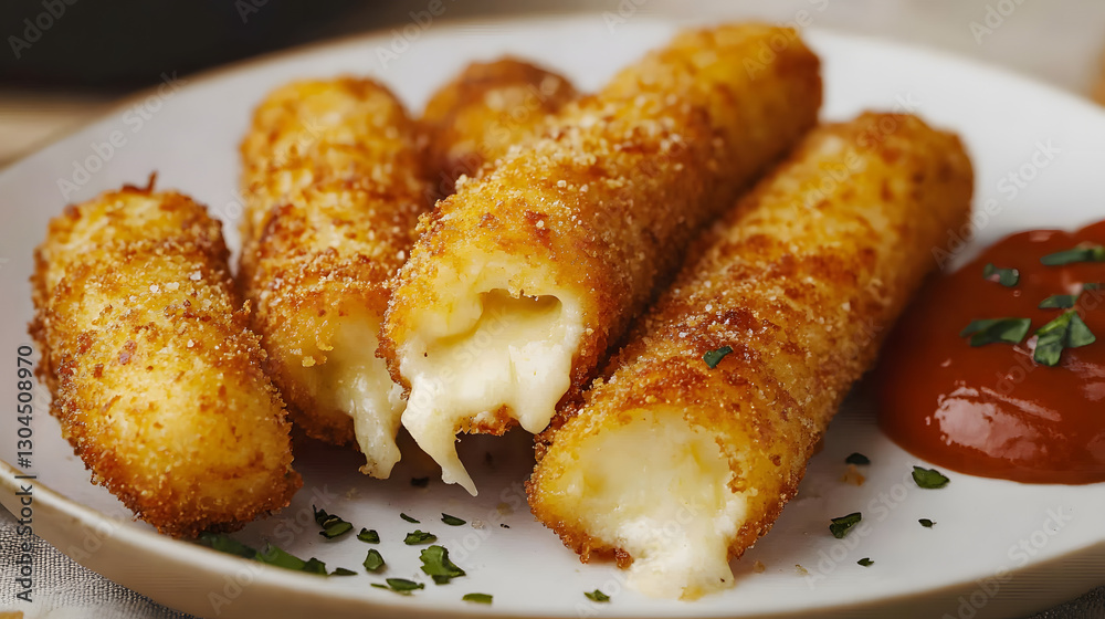 Mozzarella sticks cooked in an air fryer with minimal oil, providing a crunchy and golden snack with a creamy cheese interior.
