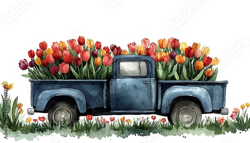 Vintage truck filled with tulips