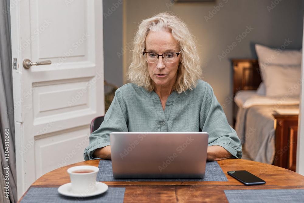 Senior elegant woman sits at table typing on keyboard. Cheerful aged woman working remotely using laptop. Older focused businesswoman browsing online. Female elegant writer enjoying creative process Senior elegant woman sits at table typing on keyboard. Cheerful aged woman working remotely using laptop. Older focused businesswoman browsing online. Female elegant writer enjoying creative process