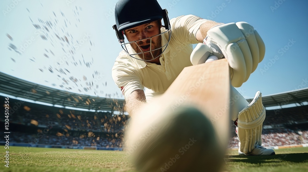 custom made wallpaper toronto digitalFocused man in white uniform, cricket player in motion with bat under blue sky, playing with stands filled with supporters