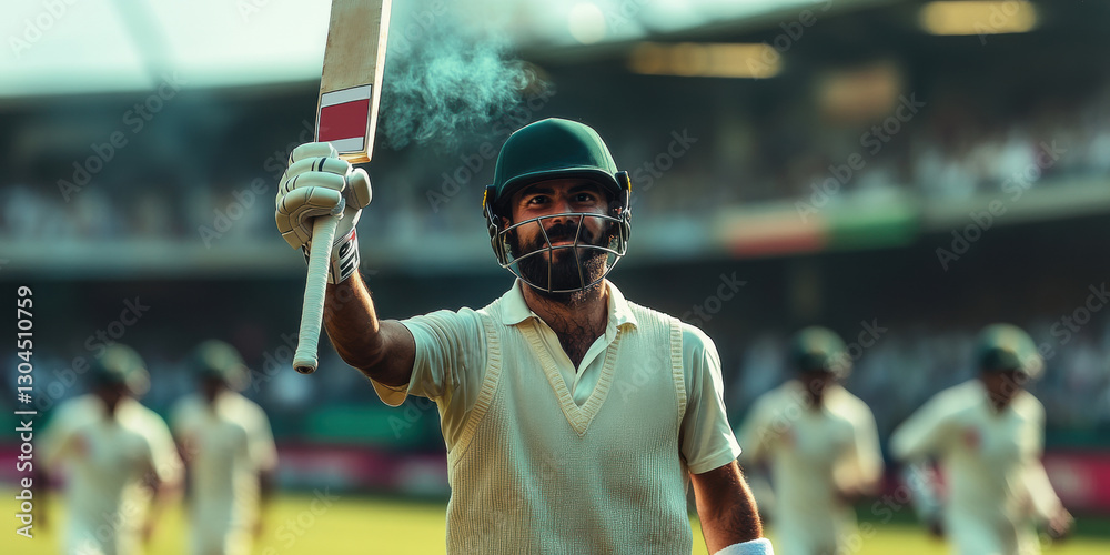 custom made wallpaper toronto digitalCricketer in green helmet raising bat in victory, teammates running in background, blurred crowd of fans cheering in background