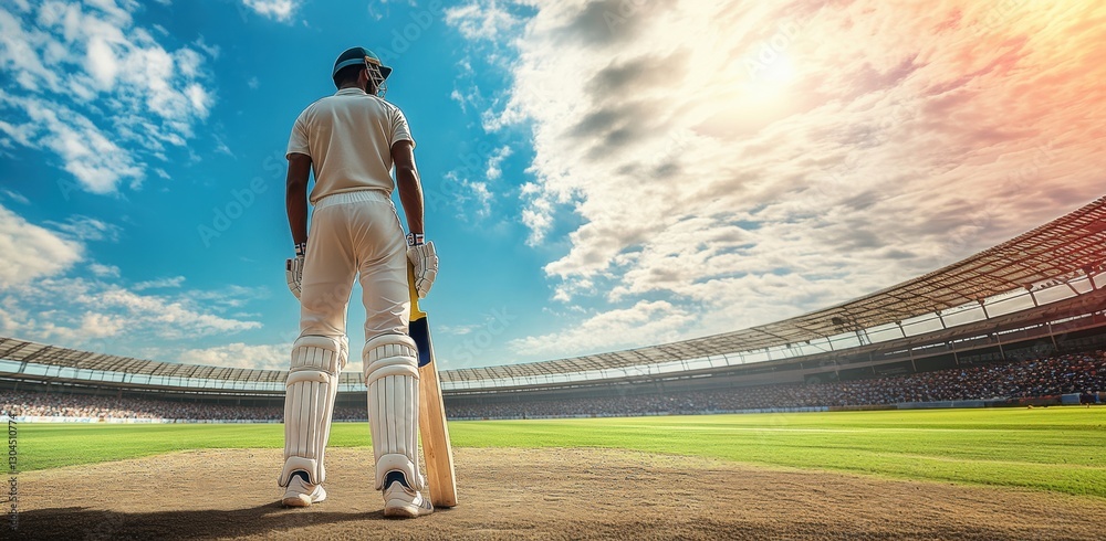 custom made wallpaper toronto digitalLow angle back view of man, cricket player in white uniform standing with bat in empty field with stands under sunny blue sky