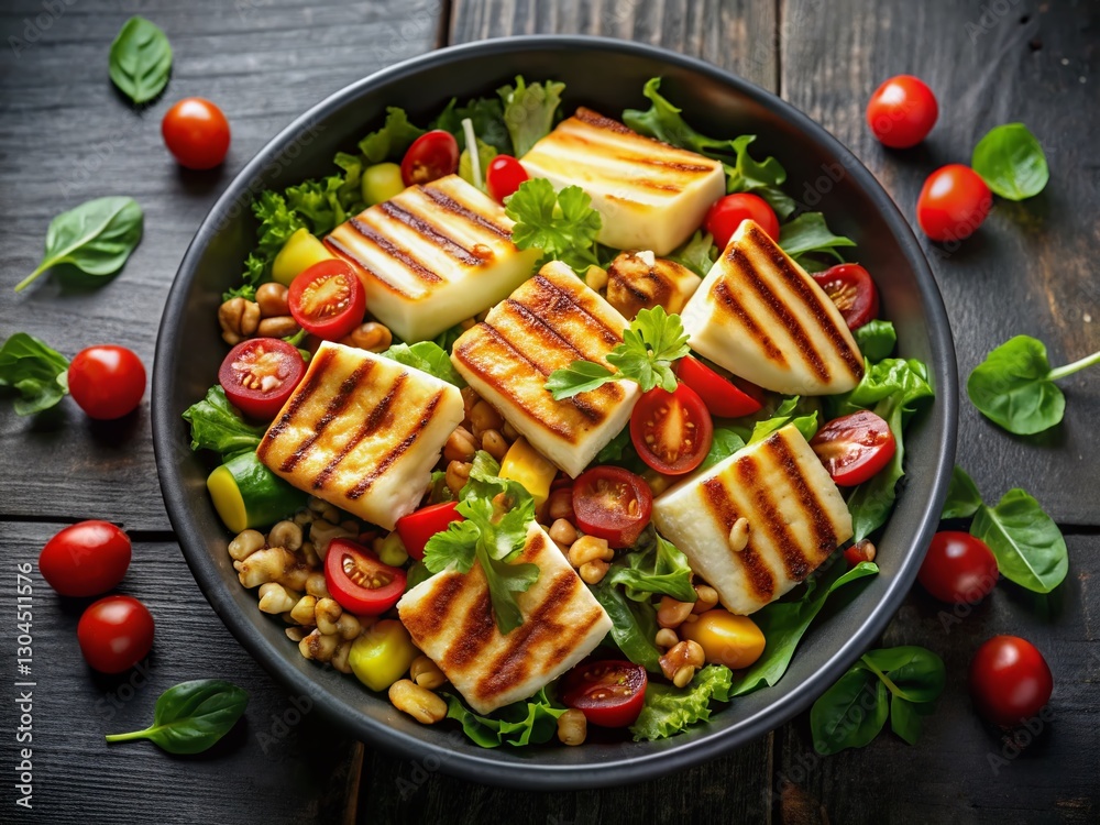 Delicious Grilled Halloumi Salad with Corn, Tomatoes & Walnuts - Top View