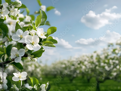 Blossom in the Breeze: A close-up shot of delicate white blossoms, their petals gently swaying in the wind against a blurred background of more blossoming trees, suggesting the onset of spring
