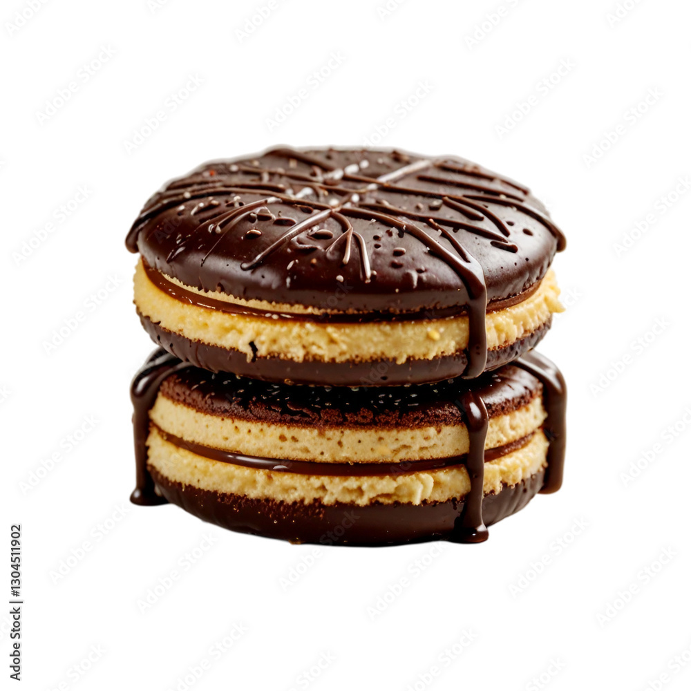 Traditional alfajor cookie with chocolate coating on a transparent background. Traditional alfajor cookie with chocolate coating on a transparent background.