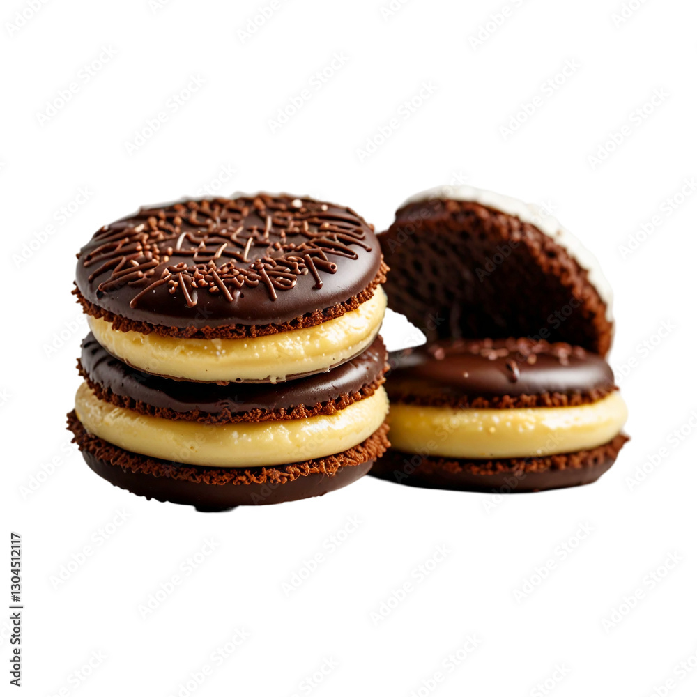 Traditional alfajor cookie with chocolate coating on a transparent background. Traditional alfajor cookie with chocolate coating on a transparent background.