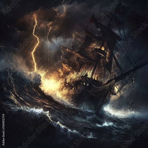 Galleon battling storm, ocean waves, dark sky