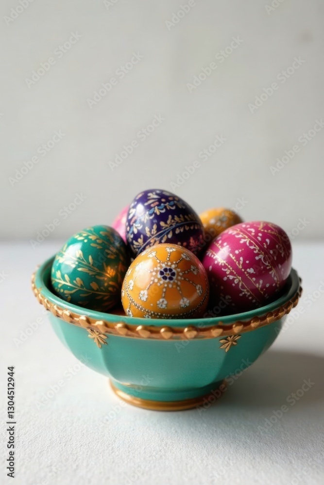 Decorative Painted Eggs in a Teal Bowl on a White Surface Decorative Painted Eggs in a Teal Bowl on a White Surface