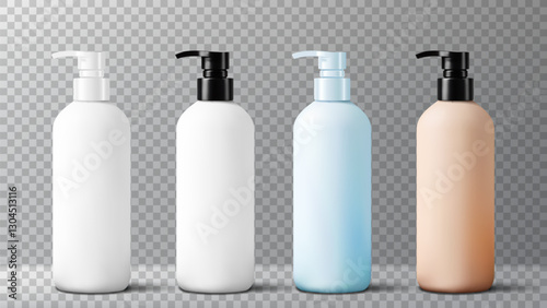 Set of realistic pump bottles. Vector mock up of shampoo, cream, body lotion, liquid gel or soap pump bottles. 3d bathroom cosmetic bottles isolated on checkered background.