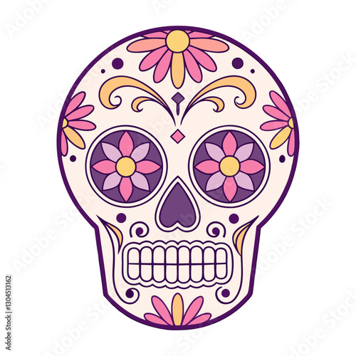 Vibrant sugar skull in flat cartoon vector style, decorated with colorful floral and geometric patterns. Perfect for Day of the Dead designs, festive art, and cultural illustrations.