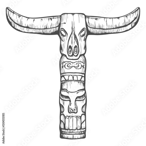 Buffalo pillar totem with intricate carvings and tribal details, symbolizing strength and resilience. Perfect for Native-inspired designs, cultural art, and spiritual themes.totem-buffalo-skull-