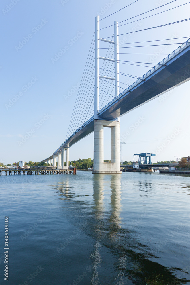 Strelasund crossing – Rügenbrücke motorway bridge and old drawbridge on Rügen Causeway