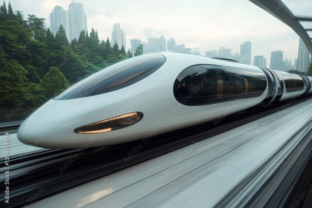 High-speed train gliding through a modern urban skyline in the early morning light High-speed train gliding through a modern urban skyline in the early morning light