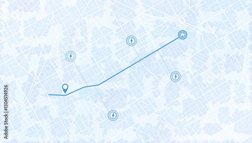 Flexible charging solutions, public and home charging for electric vehicles. Public charging stations available along route. Select the most convenient route to drive back home. Vector illustration