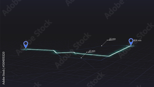 Concept of shortest path to the goal. Abstract navigation plan on city map. Isometric map with intended goal and several paths to destiny. Vector illustration