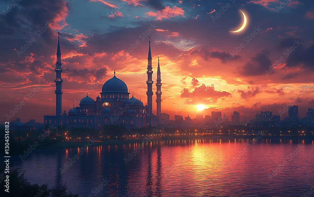 Fototapeta premium Silhouette of a Grand Mosque at Sunset with Crescent Moon