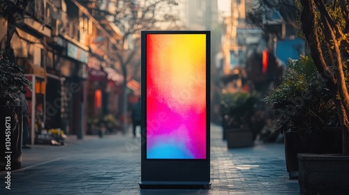 A sleek, black X-stand banner mockup, its vibrant colors ready to be displayed with impactful imagery, poised to grab attention on the bustling streets.