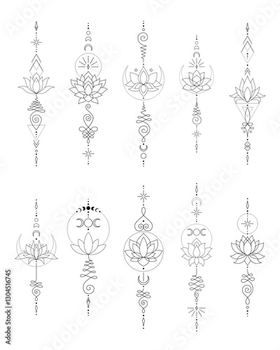 Set of Mystic Lotus Sacred Geometry Unalome Boho Tattoo Design Collection. Vector isolated buddhist line hand drawn symbol