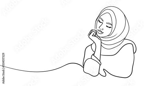 Young muslim woman in burqa, continuous line art drawin. Oriental girl in traditional clothes. Vector illustration isolated on white background 