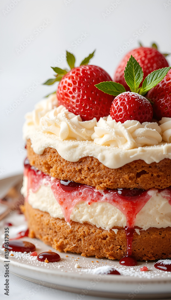 cake, cheesecake with strawberries on a white plate with a golden border. Sponge cake layers, cream, strawberry slices, powdered sugar and fresh mint create the perfect dessert. on a white background cake, cheesecake with strawberries on a white plate with a golden border. Sponge cake layers, cream, strawberry slices, powdered sugar and fresh mint create the perfect dessert. on a white background