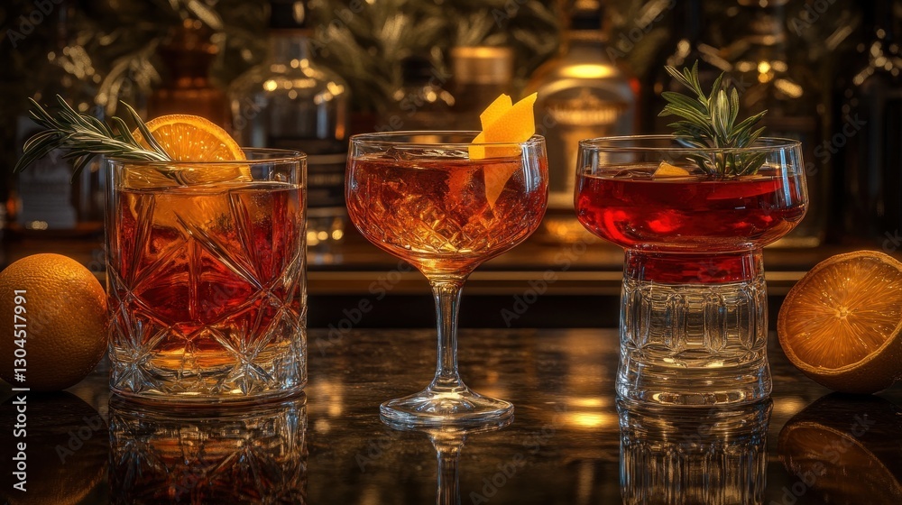 Elegant cocktails, bar setting, vibrant colors, garnished drinks