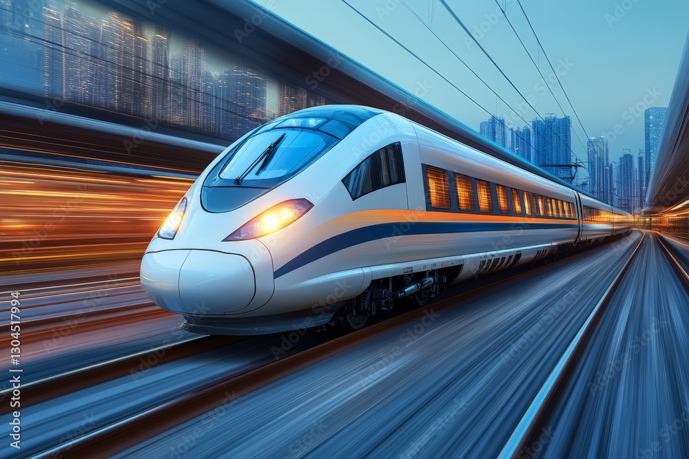 Naklejka premium High-speed train accelerates through a bustling cityscape at twilight, showcasing urban transportation innovation and technology