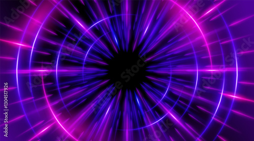 Futuristic abstract background with a radial burst of light and energy, dynamics emanating from the center. Speed. Blue, purple and pink light rays emit and create glowing particle effects.