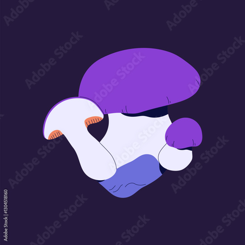 Hallucinogenic violet fungus icon. Psychedelic boletus, wild poisonous bolete. Whole and cut purple forest mushrooms. Inedible woodland harvest of toxic fungi. Flat isolated vector illustration