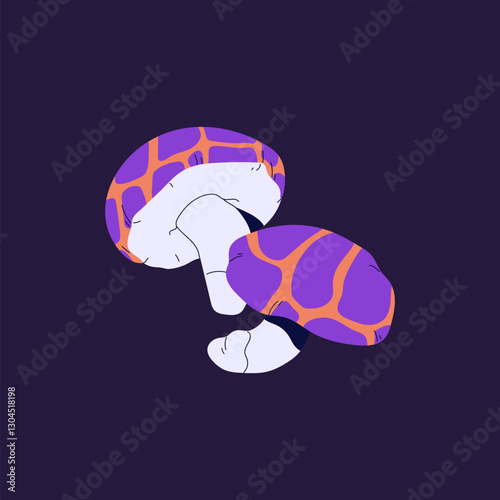 Hallucinogenic false shiitake with patterned cap. Violet poisonous fungus icon. Psychedelic boletus, purple woodland bolete. Inedible forest mushrooms, toxic fungi. Flat isolated vector illustration