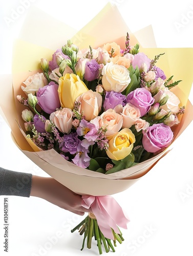 Bouquet of pastel flowers in hand on white background