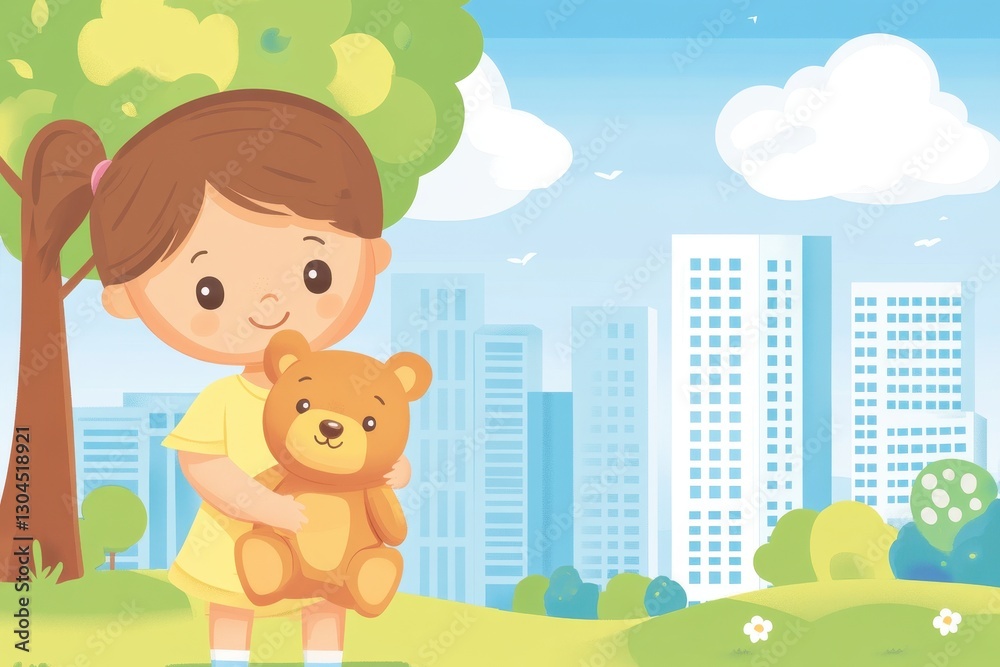 Obraz premium Cheerful Girl Holding Teddy Bear in a Bright City Park