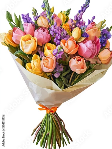 Bouquet of pastel flowers in hand on white background
