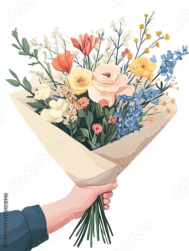 Bouquet of pastel flowers in hand on white background