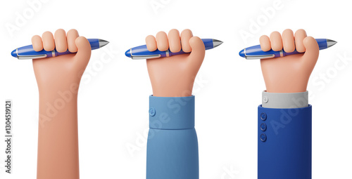 Cartoon character hand shirt suit hold blue pen isolated on transparent background. Work, sing and art concept. 3d render illustration.