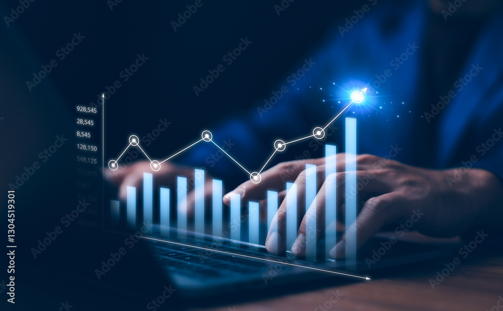 2024 to 2025 business financial plan market concept, performance of profit growth on 2024, education trend up finance on growth graph money revenue, Businessman analyzes profitability of working.
