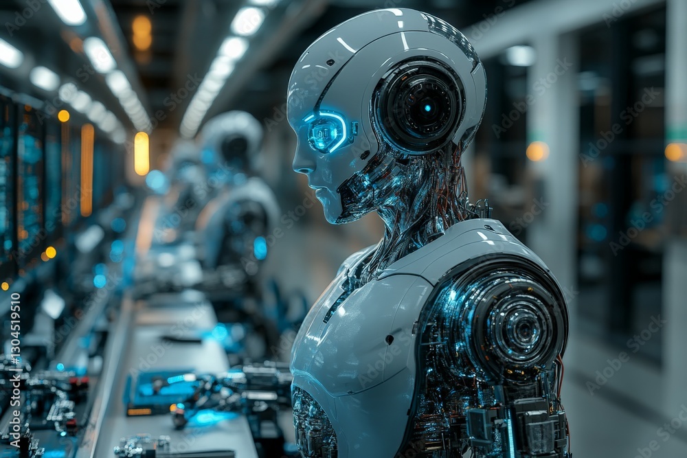 Fototapeta premium Advanced robotic assembly in a modern technology facility showcasing cutting-edge artificial intelligence systems