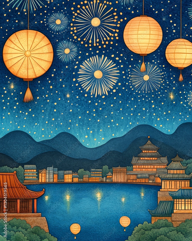 Fototapeta premium Lanterns illuminate a festive night sky.