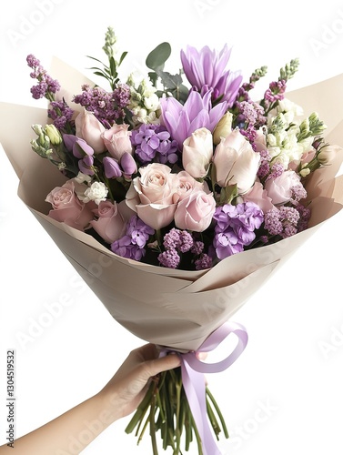 Bouquet of pastel flowers in hand on white background