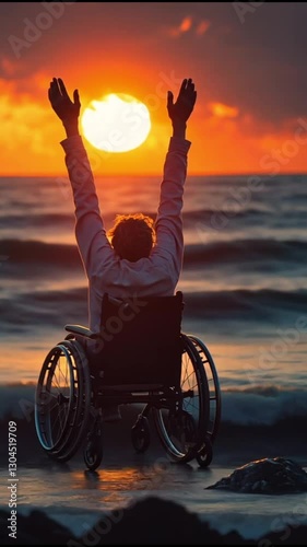Disabled man enjoying sunset beach