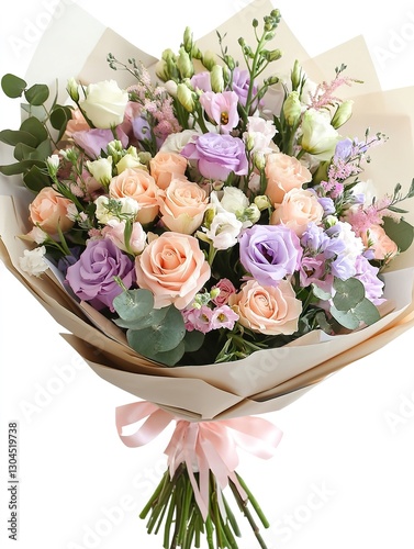 Bouquet of pastel flowers in hand on white background