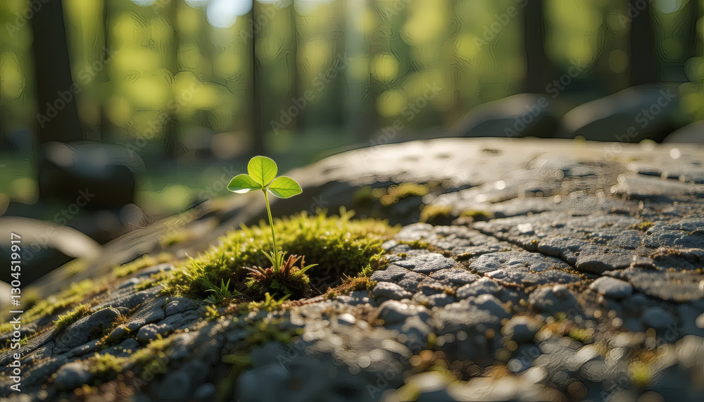Small four-leaf clover growing on moss-covered rock, bathed in soft sunlight, peaceful earthy vibe, nature scene with clover and trees. Small four-leaf clover growing on moss-covered rock, bathed in soft sunlight, peaceful earthy vibe, nature scene with clover and trees.